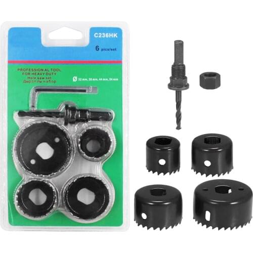 Bi-metal Hole Saw Kit 6Pcs Assorted Heavy-duty Hole Saw with 4 Saw Blades of 32/38/44/54mm 1 Mandrel 1 Hex Key for Metal Wood