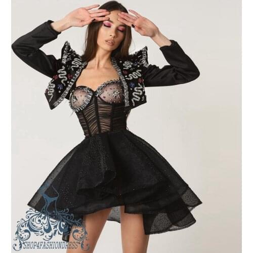 2021 New Fashion Shiny Black Cocktail Dresses With Mini Jacket Silver Diamond Prom Gowns Crystal Short Homecoming Dress Party