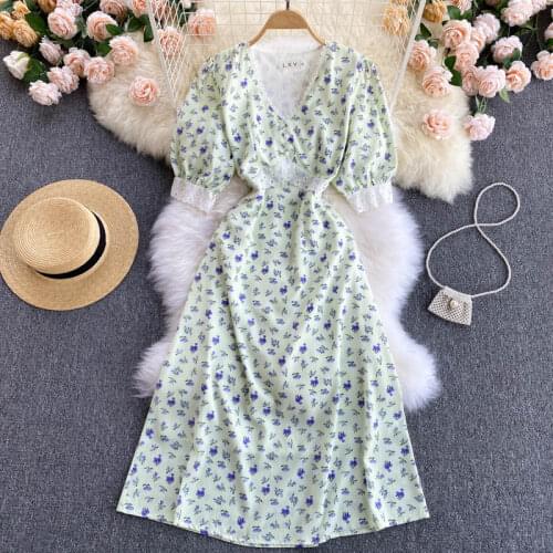 WEIHAOBANG 2021 New Summer Womens Print Flower Casual Dress Ladys V Neck Puff Sleeve High Waist Slim Mid Dresses Female Dress