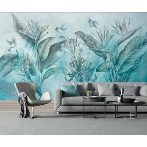 Custom 3D mural wallpaper Nordic minimalist hand-painted blue tropical plants background wall decorative painting