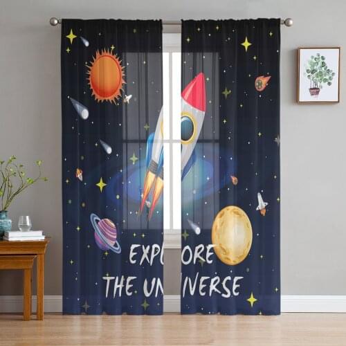 Space Universe Planet Rocket Sheer Curtains for Living Room Bedroom Kitchen Tulle for Windows Voile Drapes Home Decoration