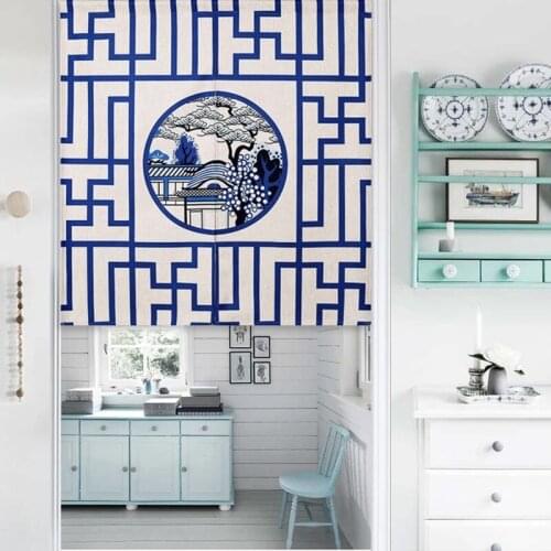 Blue AQnd White Porcelain Landscape Bedroom Home Decor Linen Door Curtain Kitchen Curtain