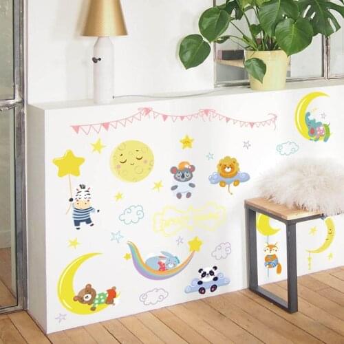 Modern Children Room Wall Stickers Cartoon Animals Sleeping Sun and Moon Art Decals for Kids Room Home Decoration Furniture PVC