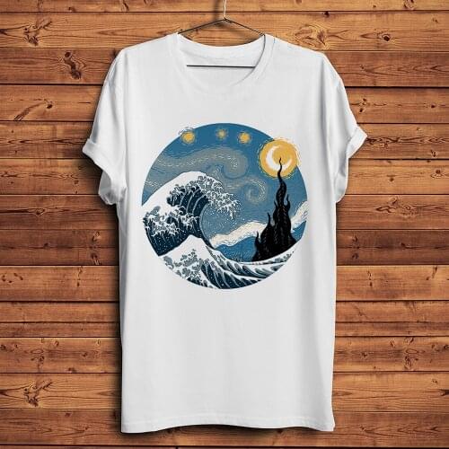 Japan Ukiyoe starry night The Great Wave off Kanagawa t shirt homme men white casual short tshirt unisex ukiyo streetwear tee