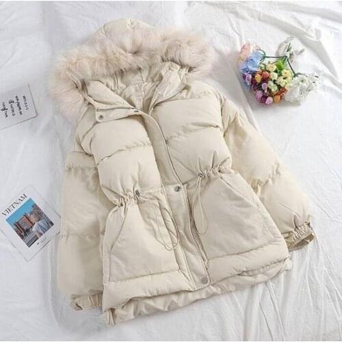 Nice New Big Fur Collar Drawstring High Waist Parka Thicken Jacket Women Thick Parkas Warm Sash Tie Up Zipper Down Outerwear
