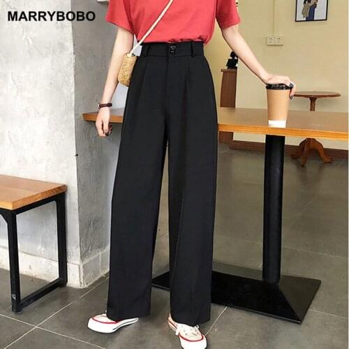 2021 Spring Autumn Women Black Wide Leg Pants Vintage Lady Work Wear Long Trousers Casual Loose Office Straight Pants