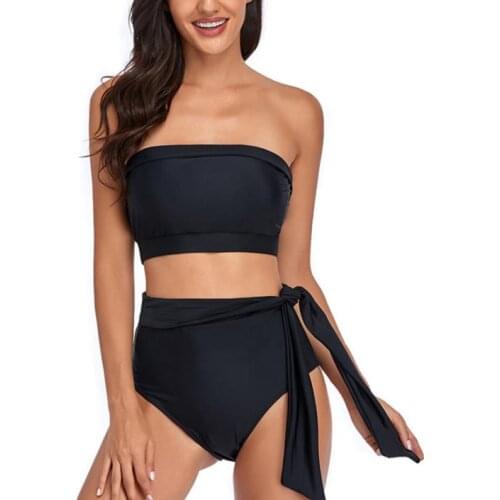 2 Pieces Bathing Suit Female Solid Color Bikini Tops+ High Waist Bikini Panties Black S/M/L/XL