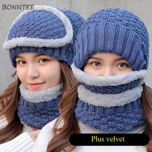 Winter Women Plus Velvet Warm Knitted Hat Scarf Mask Three Set Womens Cute Hairball Thickening Neck Protection Trendy All-match