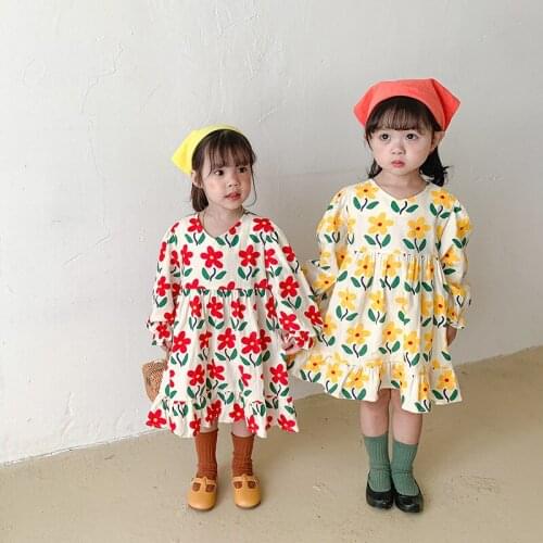 2021 Korea style girls printed dress fashion cotton autumn girls dresses kids clothes 1-7 years