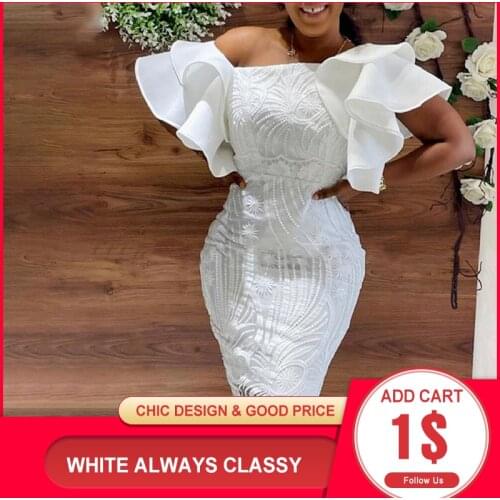 2021 Fall Fashion Midi Dress Elegant Evening Party White Dresses for Women Classy Prom High-waist Lace Ruffle Summer Clothing