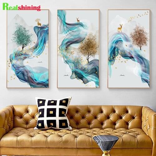 Abstract Blue Clouds Diamond Art Lucky Deer Diamond Painting Modern Wall Art Pictures for Living Room Nordic Poster N1669