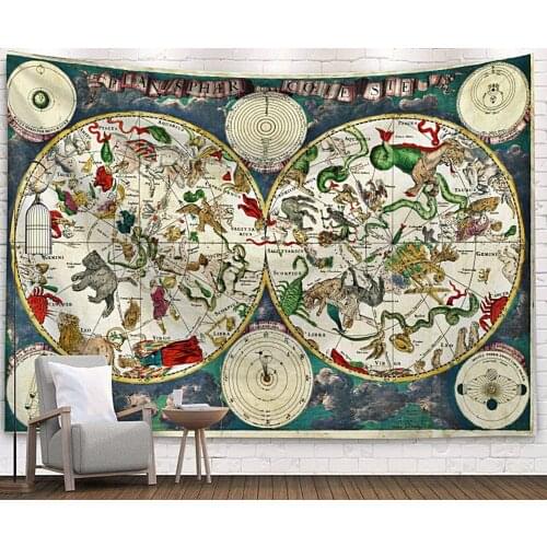 Colorful Europe Map Cyan Tapestry Vintage Exotic Summer Plant Nature Frame for Bedroom Photography Wall Decor