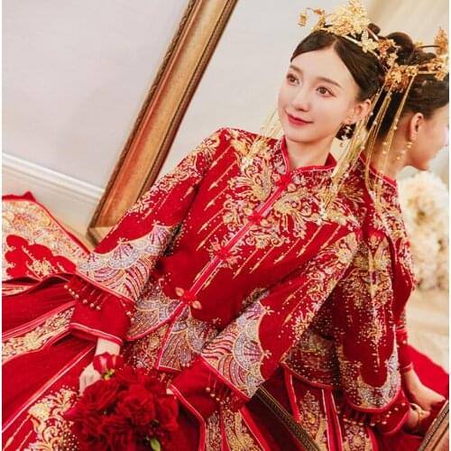 Chinese Syle wedding Dress bride Slim toasting suits large size Chinese Wedding Evening Party show kimono Brides toast Costume