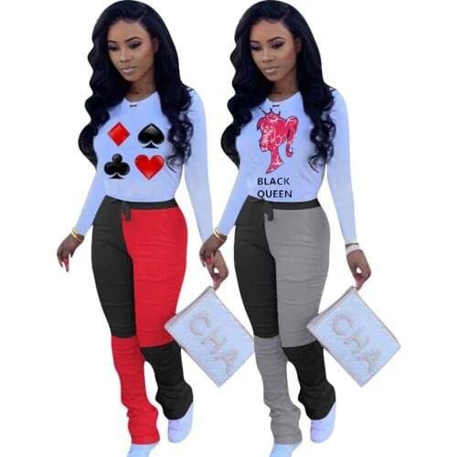 Echoine Woman Autumn Solid Color Poker Spades Q Print Casual Set Long Sleeves and Patchwork Leggings Two Piece Set Streetwear