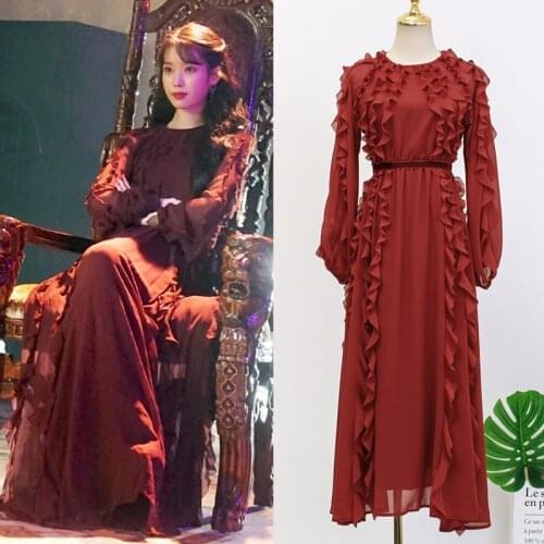 Kpop IU Lee Ji Eun 2021 Korean Wine red dress women streetwear Evening party temperament fashion round neck long sleeve dresses