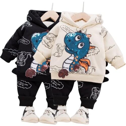 Baby boy clothes autumn and winter cartoon sequined dinosaur hooded long-sleeve sweater suit boys thick casual warm sweater suit