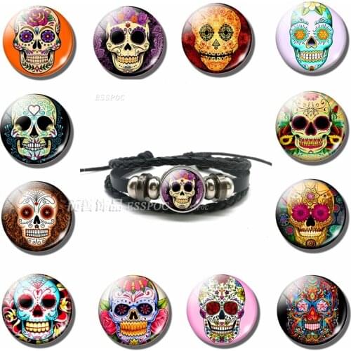 1 PCS Sugar Skull Day of The Dead 25MM Glass Dome Handmade Round Photo Pendant Black Button Leather Bracelet Jewelry Accessories
