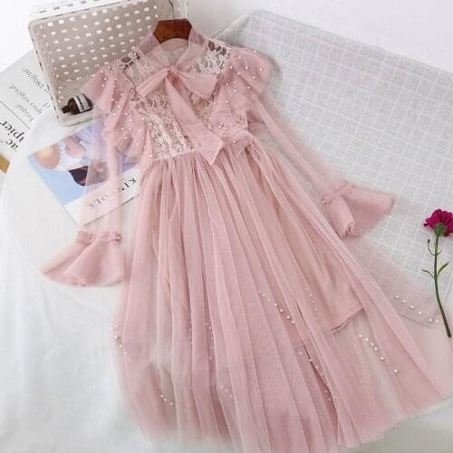 Nail Bead Bow College Dress Super Fairy Net Yarn Lotus Flange Bell Sleeve Lace Dress Sweet Pleated Rivet Flare Sleeve Empire