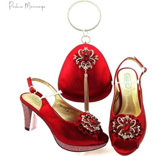 2020 Hot Selling Italian Design New Arrival African Nigerian Ladies Shoes and Bag Set Decorated With Rhinestone in Red Color
