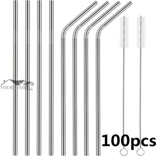 Metal Straw Reusable Drinking Straws Stainless Steel Bag Straw 100pcs Straws + 10pcs Brushs Barware