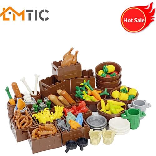 New Children Play House Food Set Toys Diy Building Blocks French Fries Chicken Leg Beer Accessories Duploe Creative Kids Gifts