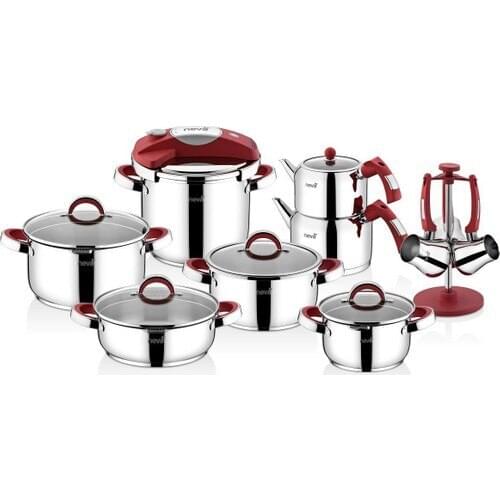 Neva N2438 18 Piece Lotus Steel Cookware Set-Red tea Pot Set Coffee Pot Team