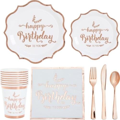 New Rose Gold Pattern Bronzing Paper Cup Plate Napkin Girls Favor Happy Birthday Party Tableware Set Decoration Supplies
