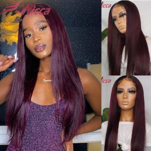 Dark Burgundy Lace Front Human Hair Wigs Straight 180 Density Remy PrePlucked Brazilian Ombre 99j Lace Frontal Wigs For Woman