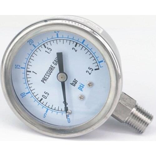 0-2.5bar 1/8" NPT Male 60mm Dial Pressure Gauge 304 Stainless Bar PSI N2 Steam Brewing Pneumatic Accuracy Class 2.5