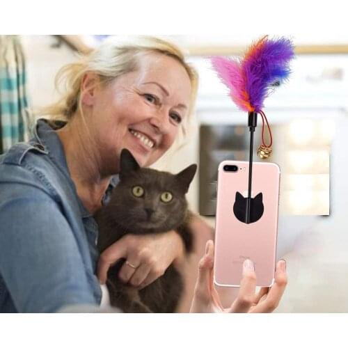 Cat Selfie Phone Attachment with Funny Feather Teaser for Attract Cat Attention,Reusable & Removable, Damage Free