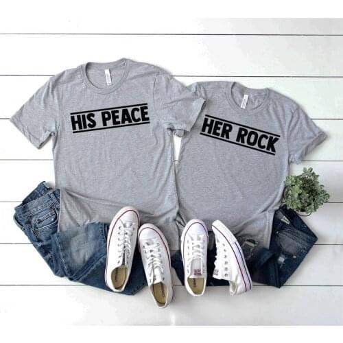 Skuggnas New Arrival Her Rock His Peace Fashion Couples T-shirt Honeymoon shirts Anniversary Gift Short Sleeve Couples Tees