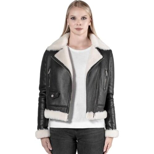 Sheepskin Coat Bomber Jacket Women Black Shearling Zipper Coat Autumn Winter Fashion Natural Fur Jacket