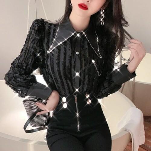 Women Shirts 2021 Spring Autumn French Temperament Blusas Ladies Tops Flash Diamond Personality Design Sweet Lace Blouses