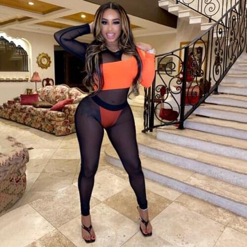 2020 Spring Summer Mesh Contrast Color Irregular Women Jumpsuit Hollow Out Full Sleeve See Through Zipper Lady Rompers One Piece