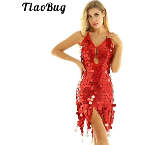 TiaoBug Women Shiny Glitter Sequins Halter V-Neck Belly Latin Dance Dress Salsa Tango Cha Cha Stage Performance Rave Costume