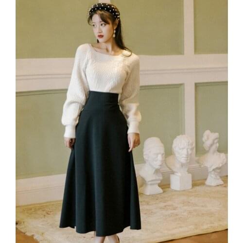 Women Two Piece Set Spring Fall Office Lady Long Sleeve Square Collar Loose Knitted Sweater&Hight Waist Solid A Line Skirt Suit