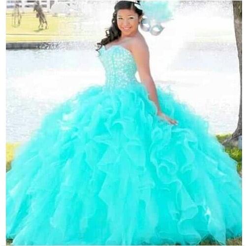Sweetheart 16 Princess Quinceanera Dresses 2015 Corset Ball Gowns with Beaded Bodice Turquoise Long trajes de quinceaneras 2015