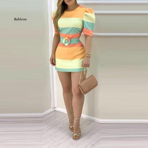 Women O-Neck Multi-Color Stripe Dresses Casual Mini Dress Short Sleeve Floral Printed Slim Fit High Waist Dress