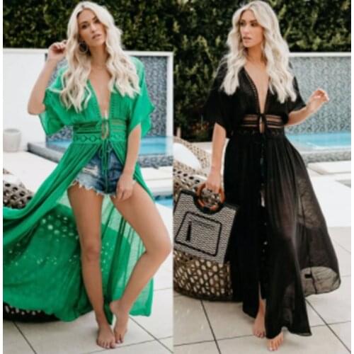 Women Beachdress Sexy Ladies Swimwear Bikini Cover Up Cardigan Plage Hollow Out Short Sleeve Deep V-Neck Elegant Clothing