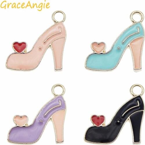 GraceAngie 4pcs high heel shoes charms Red Heart Pendant For earrings necklace keychain DIY bracelet Accesories Package Box gift