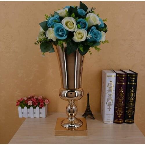 43CM Large Vase Trophy Base Stunning Silver Iron Luxury Flower Jar Electroplated Square Ornaments Wedding Table Stage Decoration