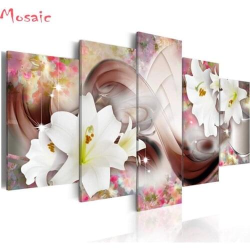 5 Piece diamond Painting cross stitch Floral Canvas Wall Art Flower Living Room Decor and Home Decorations