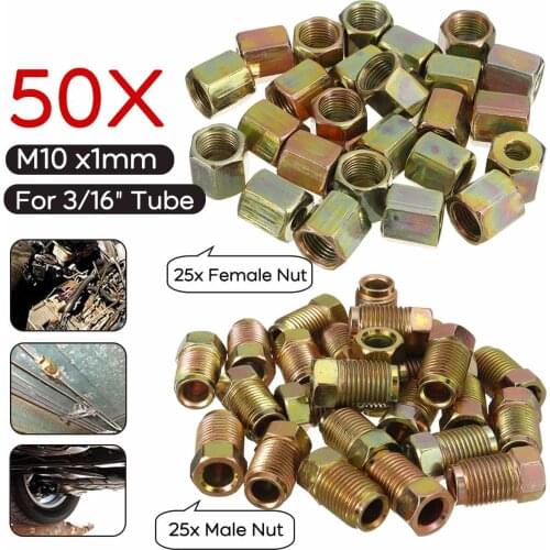 50Pcs For 3/16'' OD Brake Line Tubing Tube Fitting Nuts Kit Male Female Copper Brake Pipe Line M10 x 1mm Metric Screw Nuts
