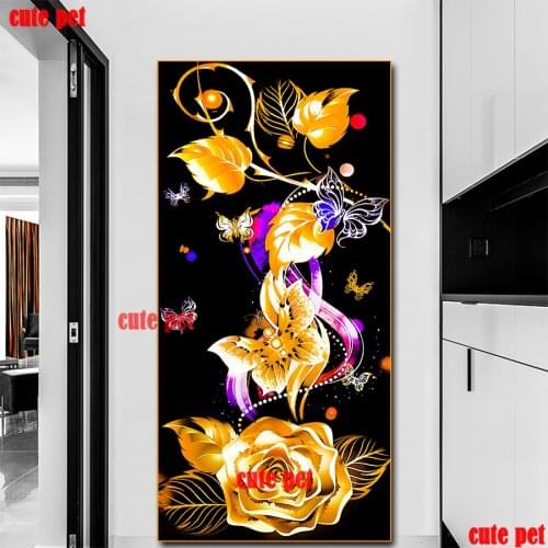 5d cross stitch diamond painting Golden Rose full square round diamond embroidery Mosaic Butterfly wall decor icon sticker large