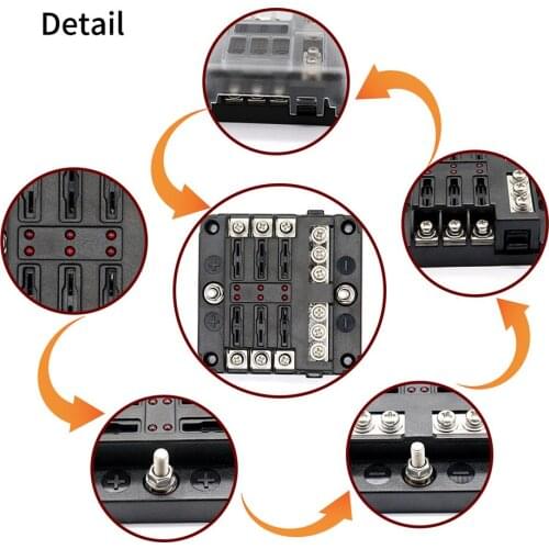 Fuse Box Car DC 12-32V Truck Motorhome Coach Boat Bus Bar Power Distribution Block Double Busbars 6-way12-way With LED Lights
