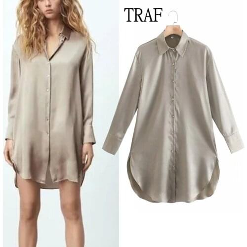 TRAF Za Top Woman Satin Button Up Long Shirt Women Long Sleeve Oversize Shirt Office Lady Female Top Asymmetric Hem Turn Blouses