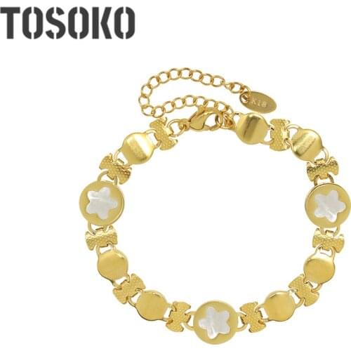TOSOKO Stainless Steel Jewelry White Seashell Geometric Bracelet Womens Fashion Exaggerated Stitching Pattern Bracelet BSE268