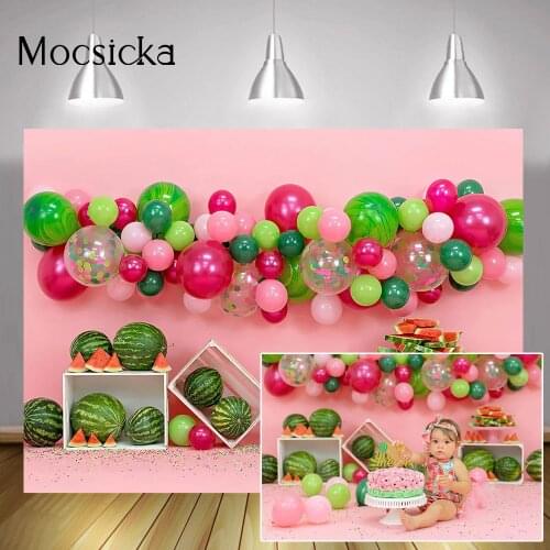 Watermelon Themed Children Birthday Cake Smash Backdrop Photoshoot Balloons Summer Newborn Kids Portrait Background Photography