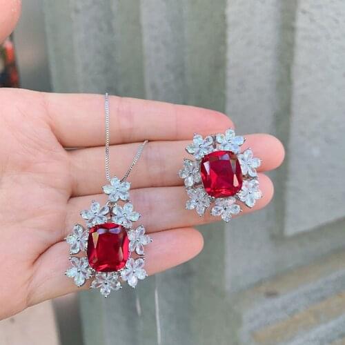 Funmode Red Flower Shape Ring Necklace Jewelry Set For Women Wedding Accessories Beauty Slight Party Jewelry Set FS200
