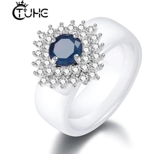 Exquisite Fashion Statement Rings For Women Girls Smooth Ceramic Ring With Blue Zircon Crystal Wedding Jewelry Gifts 8mm Wide